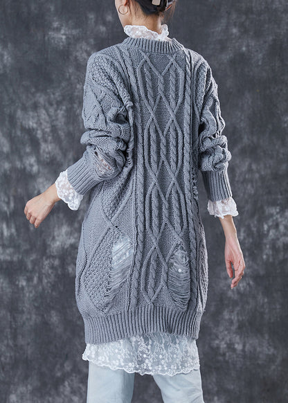 Grey Hollow Out Knit Ripped Sweater Dress Winter