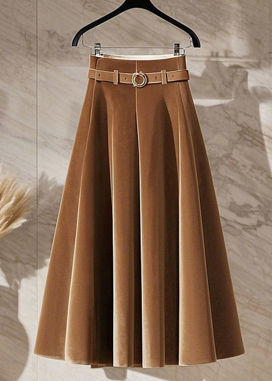 New Coffee High Waist Silk Velvet Skirts Spring