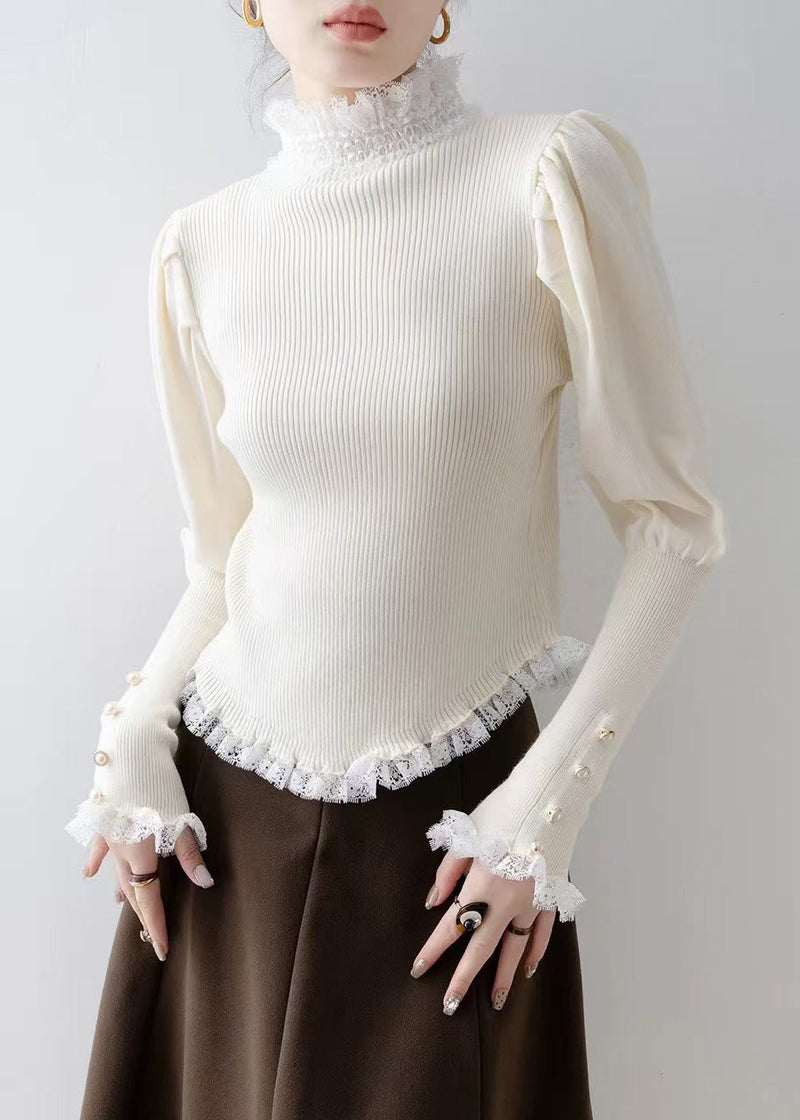 Italian White Silm Fit Patchwork Lace Knitted Tops Winter