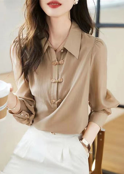 Khaki Peter Pan Collar Chinese Button Cotton Tops Fall