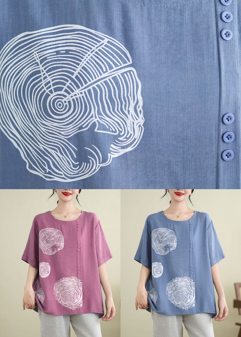 Blue O-neck Print Ice Silk T Shirt Summer