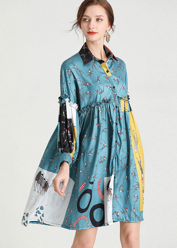 Organic Blue Peterpan Collar Patchwork Fall Holiday Dress Long Sleeve