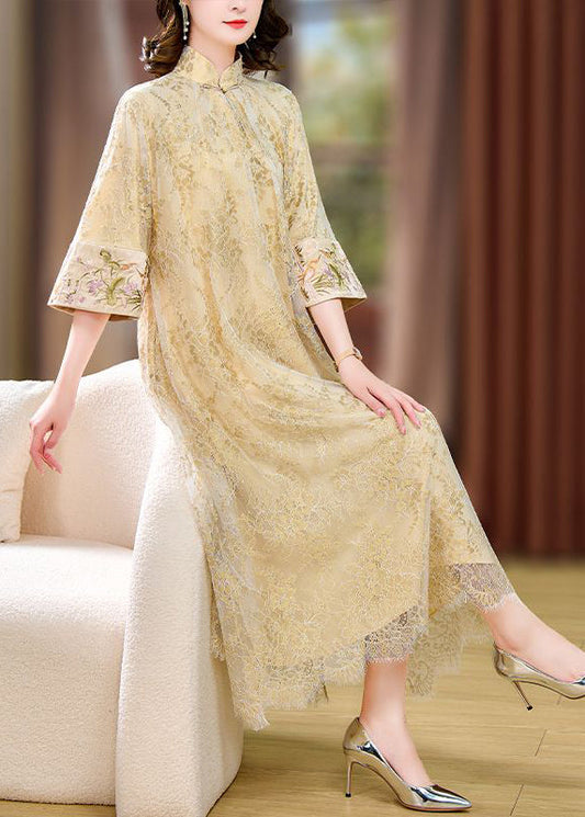Chinese Style Beige Mandarin Collar Chinese Button Lace Dresses Summer