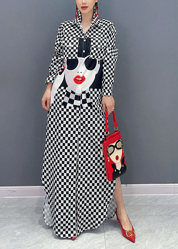 Plaid Patchwork Peter Pan Collar Print Girl Side Open Long Shirts Dresses Long Sleeve