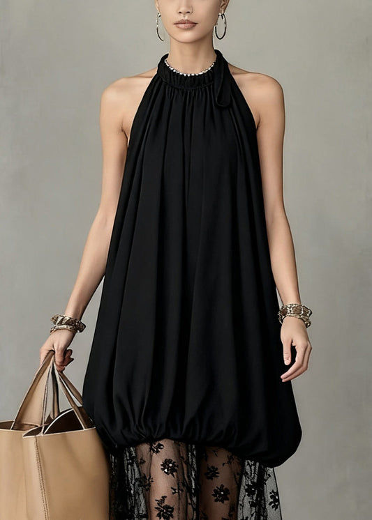 Stylish Black Wrinkled Lace Tulle Patchwork Dress Sleeveless