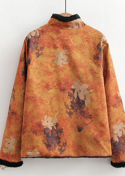 Yellow Chinese Button Patchwork Silk Print Warm Fleece Coats Spring