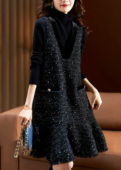 New Black V Neck Pockets Patchwork Cotton Mid Dress Sleeveless