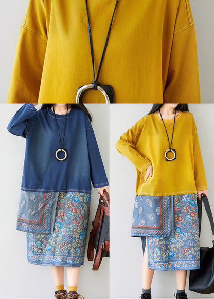 Loose Yellow O-neck Asymmetrical Sweatshirt Dresses Spring
