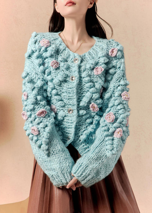 Blue O Neck Button Knit Cardigan Winter