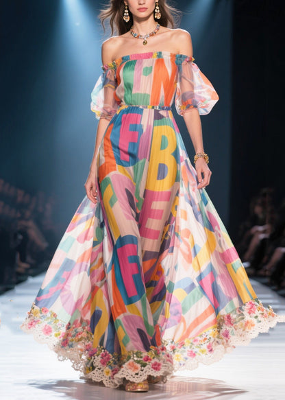 Cold Shoulder Letter Print Chiffon Vacation Dress Summer