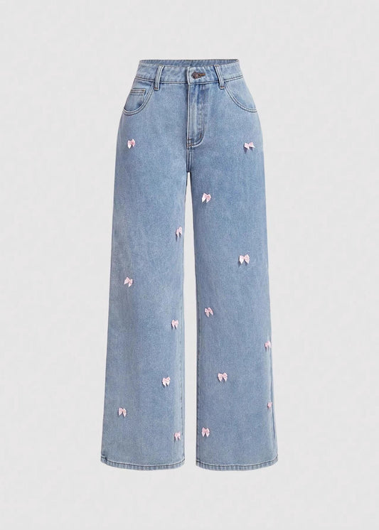 Blue Pockets Bow Wide Leg Jeans Fall
