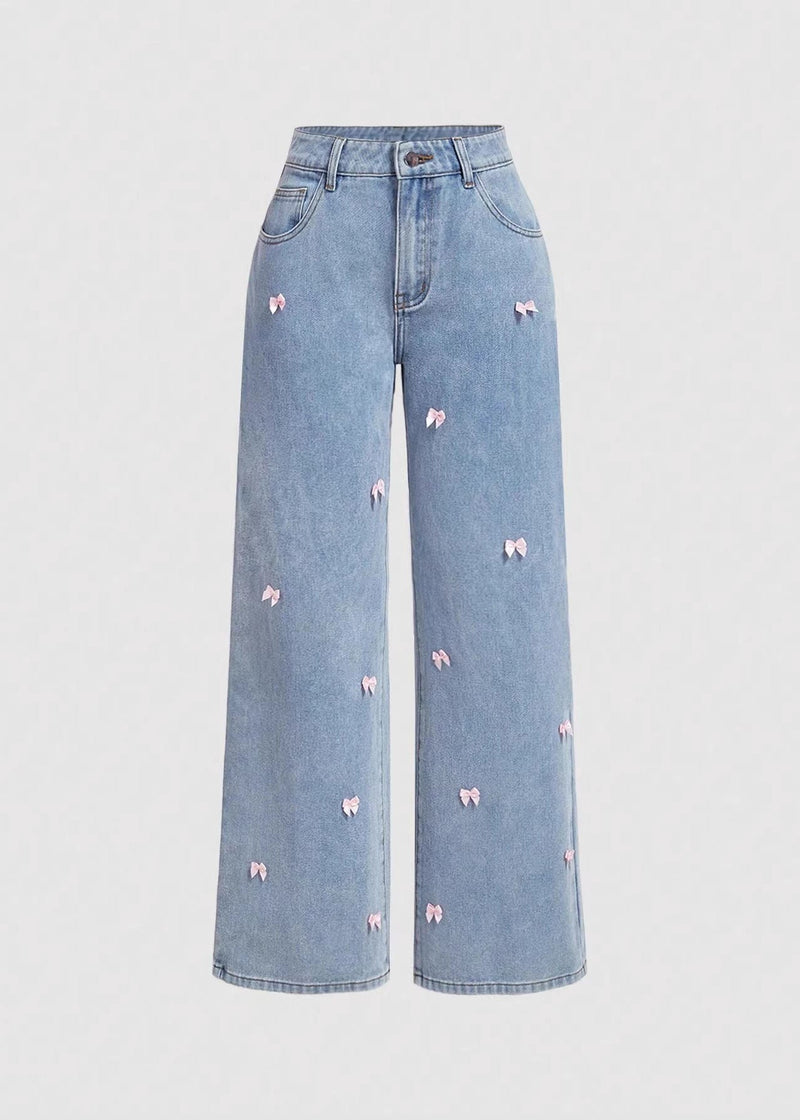 Blue Pockets Bow Wide Leg Jeans Fall