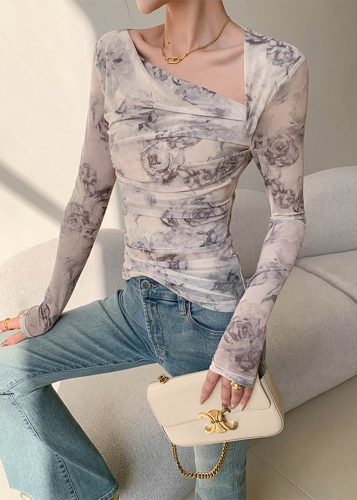 Slim Sloping Shoulder Printed Long Sleeved T-shirt Top