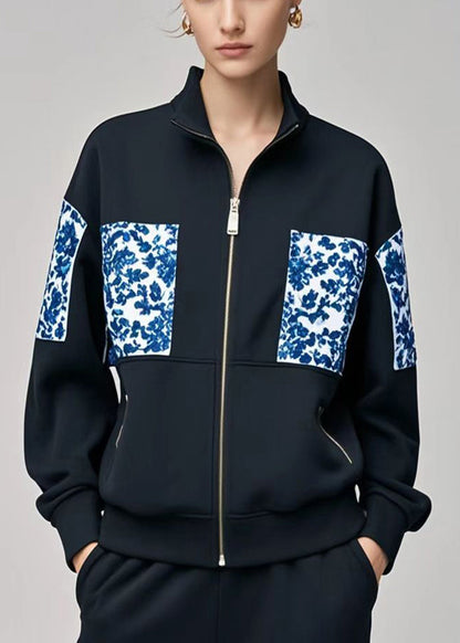 Black Stand Collar Patchwork Print Cotton Coats Fall