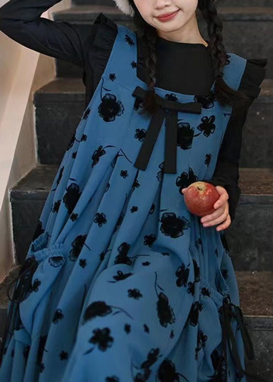 U Neck Bow Print Patchwork Top and Long Dress Two Pieces Set Long Sleeve