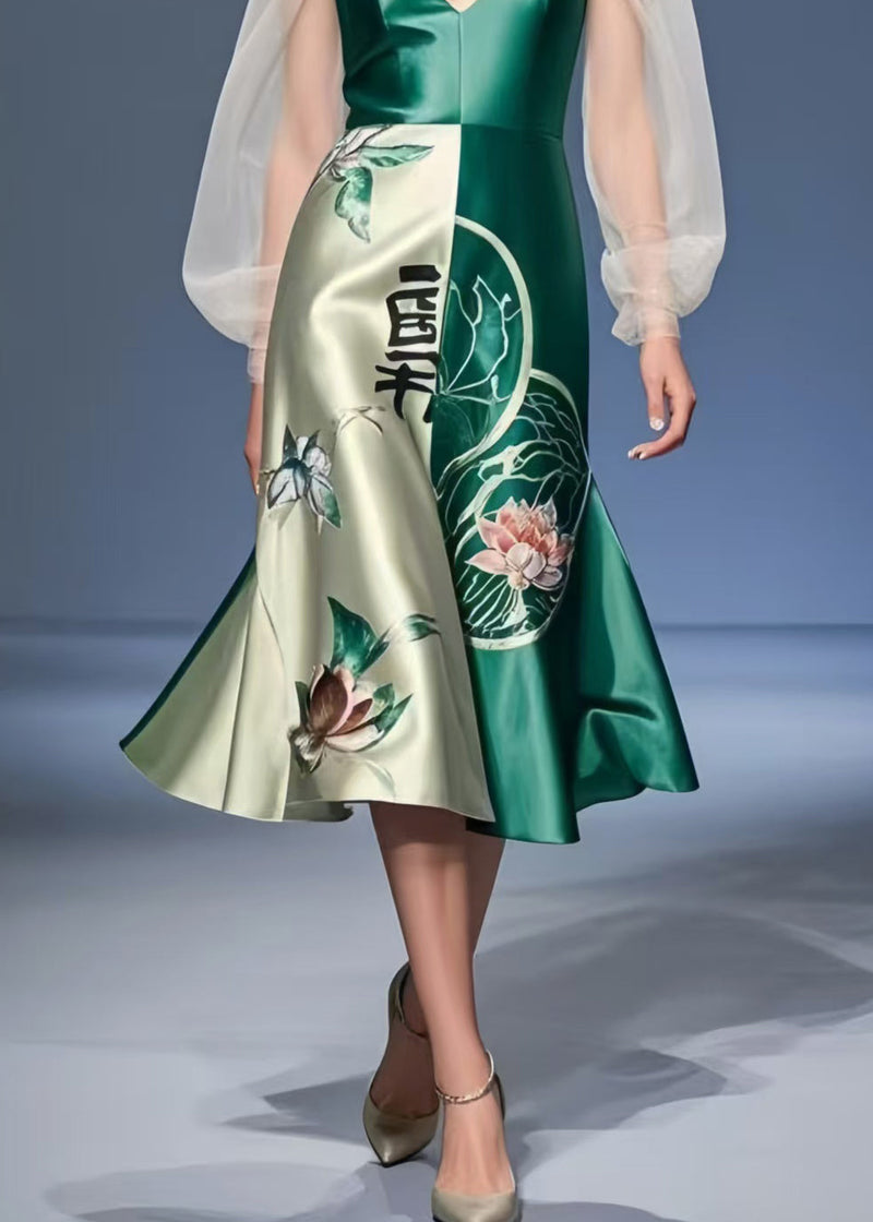 Modern Tea Green Cold Shoulder Patchwork Silk Mini Dress Summer
