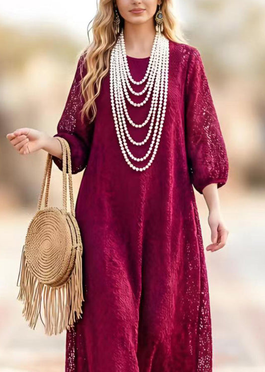 New Dark Purple O Neck Hollow Out Lace Dresses Summer