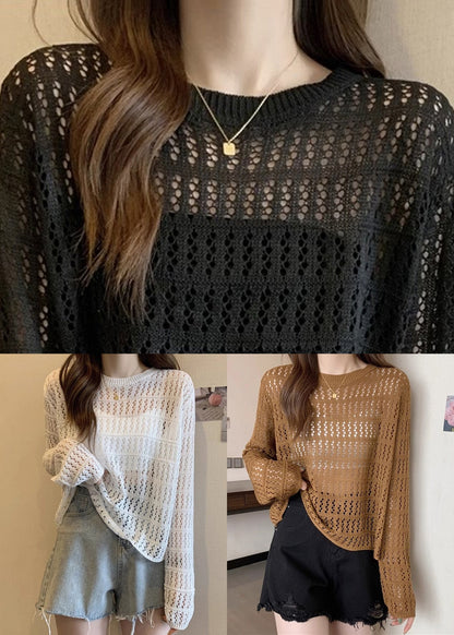 Black Hollow Out Knit T Shirts O Neck Long Sleeve