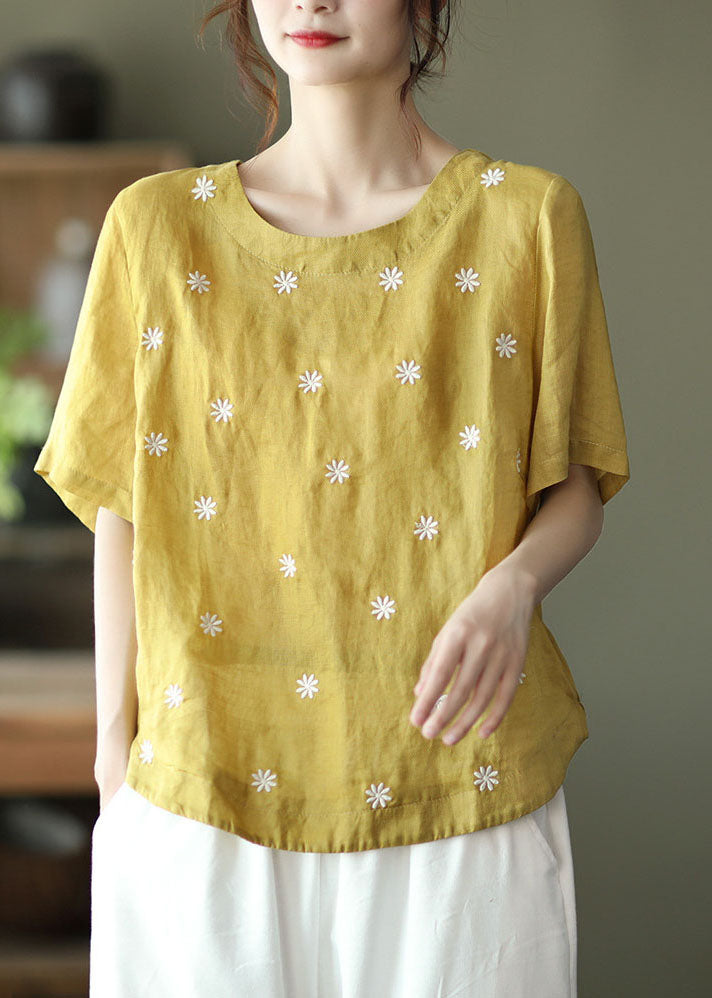 Yellow O-neck Linen Shirt Top Short Sleeve