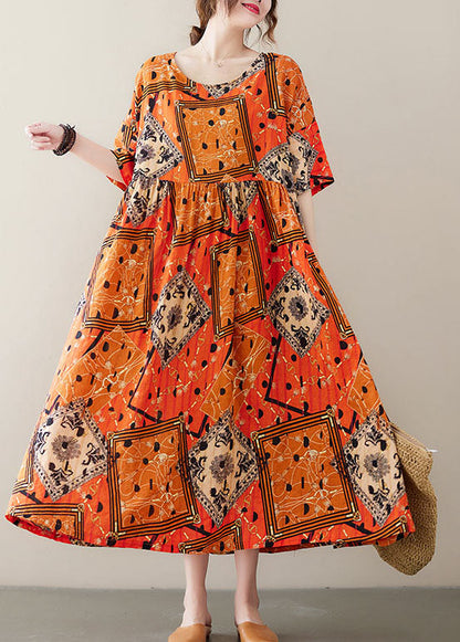 Orange Wrinkled Print Exra Large Hem Cotton Holiday Dress Short Sleeve