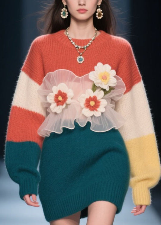 Art Colorblock O Neck Tulle Knit Dress Winter