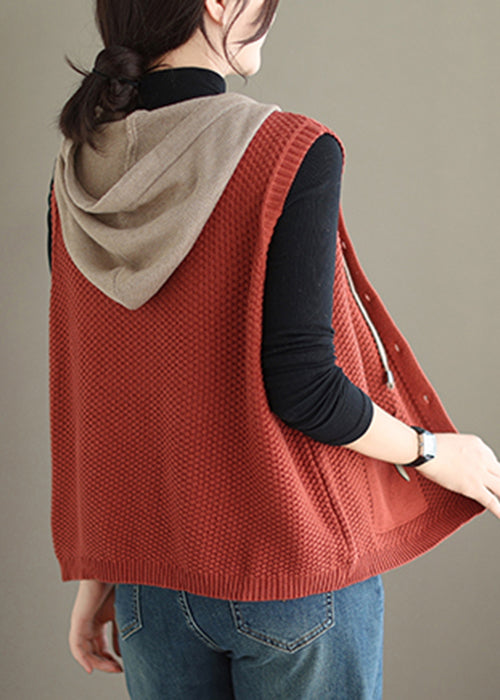 Orange Red Hooded Button Cotton Knit Waistcoat Sleeveless
