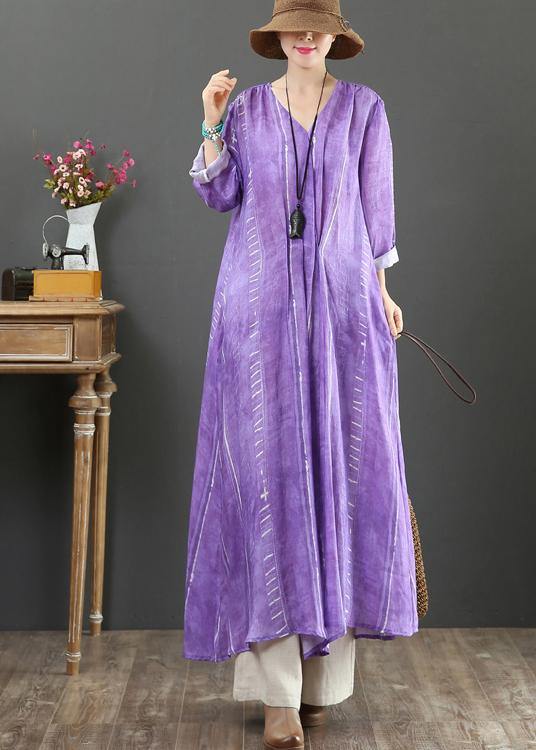 Unique V Neck Large Hem Spring Tunics Pattern Purple a Line Dress