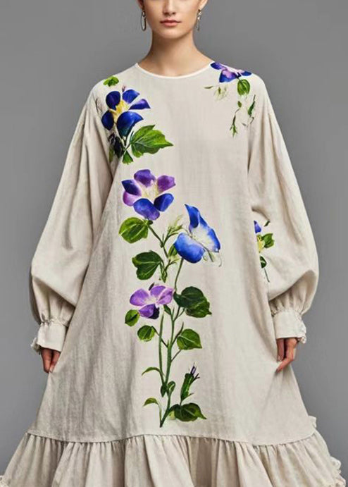 Beige Ruffled Print Cotton Holiday Dress Fall