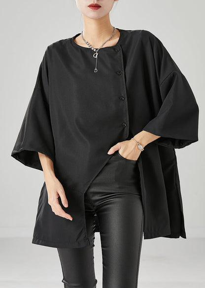 Loose Black Asymmetrical Side Open Cotton Blouses Bracelet Sleeve