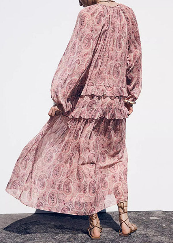 Pink V Neck Print Ruffled Chiffon Dresses Fall