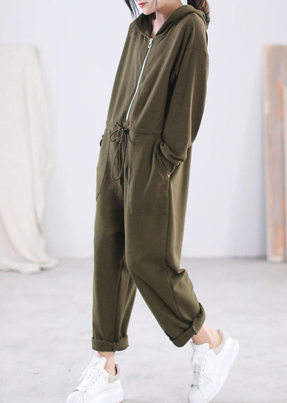 Modern Green Hooded Zippered Drawstring Cotton Overalls Jumpsuit Long Sleeve
