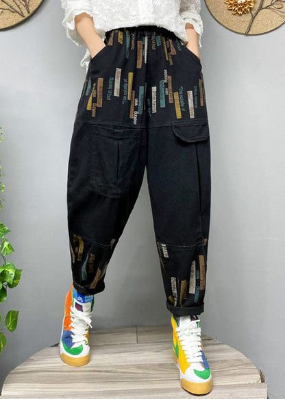 Fitted Black Elastic Waist Print Denim Pants Spring