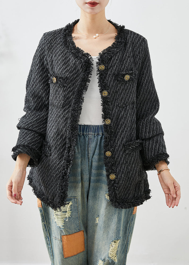 Dark Grey Tasseled Button Down Warm Fine Cotton Filled Jacket Winter