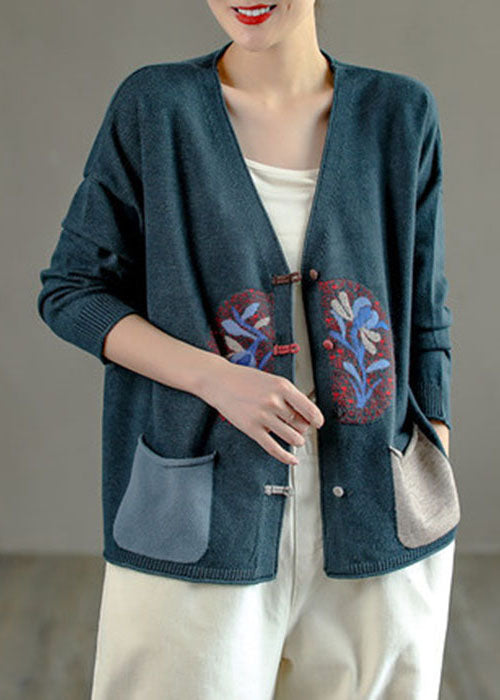 Blackish Green V Neck Patchwork Chinese Button Knit Cardigans Spring