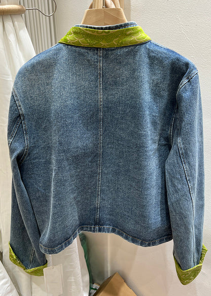 Green Stand Collar Chinese Button Denim Coat Spring