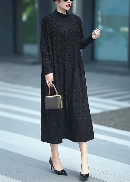 Loose Black Turtleneck Cashmere Maxi Dresses Batwing Sleeve