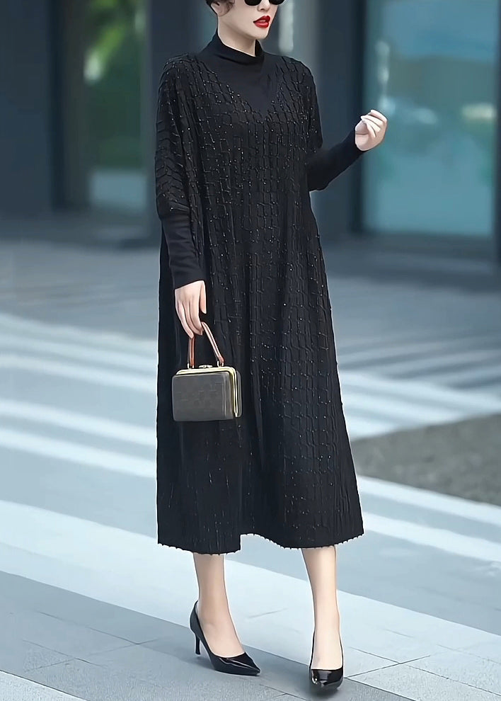 Loose Black Turtleneck Cashmere Maxi Dresses Batwing Sleeve