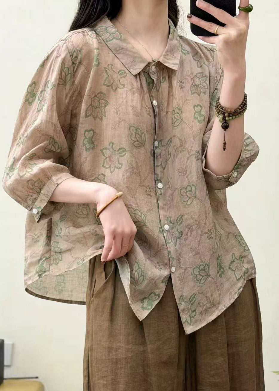 Art Khaki Oversized Print Linen Loose Shirts Summer