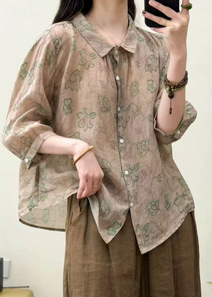Art Khaki Oversized Print Linen Loose Shirts Summer