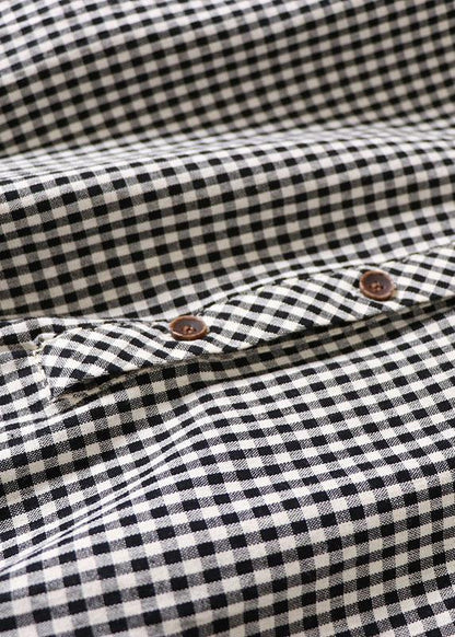 Black White Plaid Pockets Button Tie Waist Fall Patchwork Dress Long Sleeve