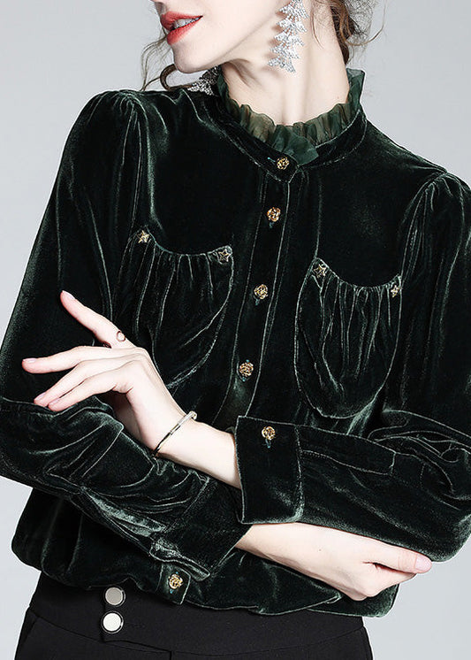 Blackish Green Stand Collar Button Silk Velour Shirt Long Sleeve