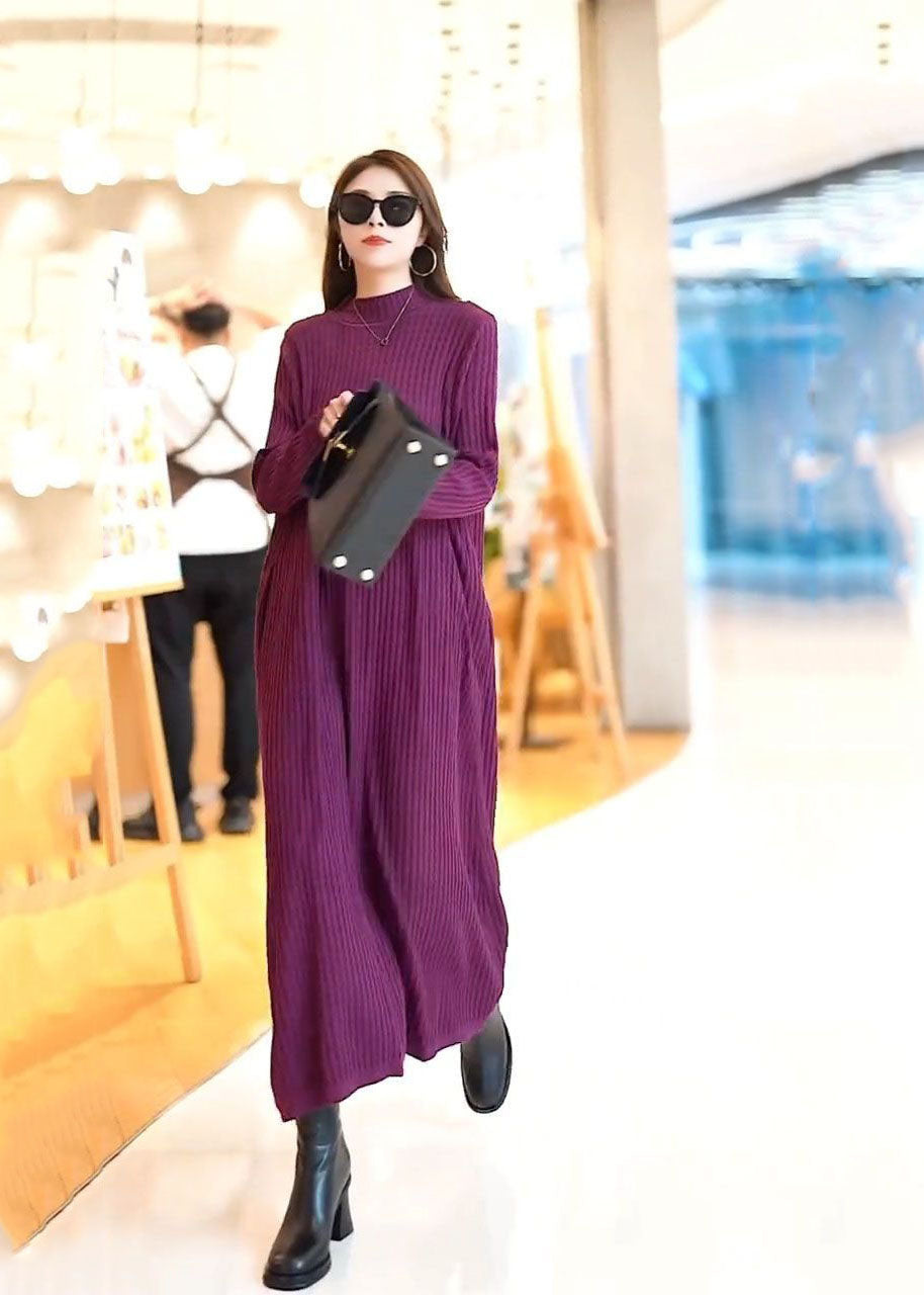 Classy Purple Stand Collar Color Knit Long Sweater Dress Spring