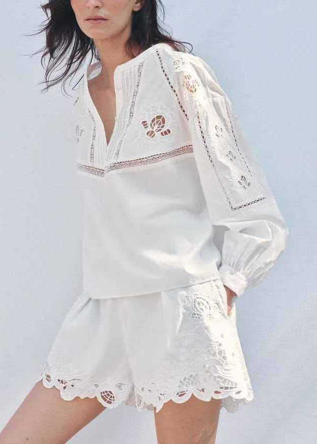 White Hollow Out Embroidered Cotton Two Piece Set Fall