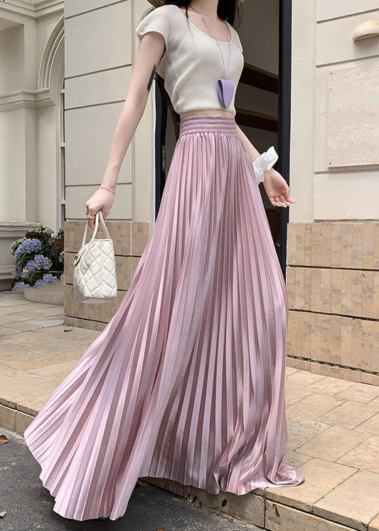 French Pink Wrinkled Silk a Line Skirt Summer