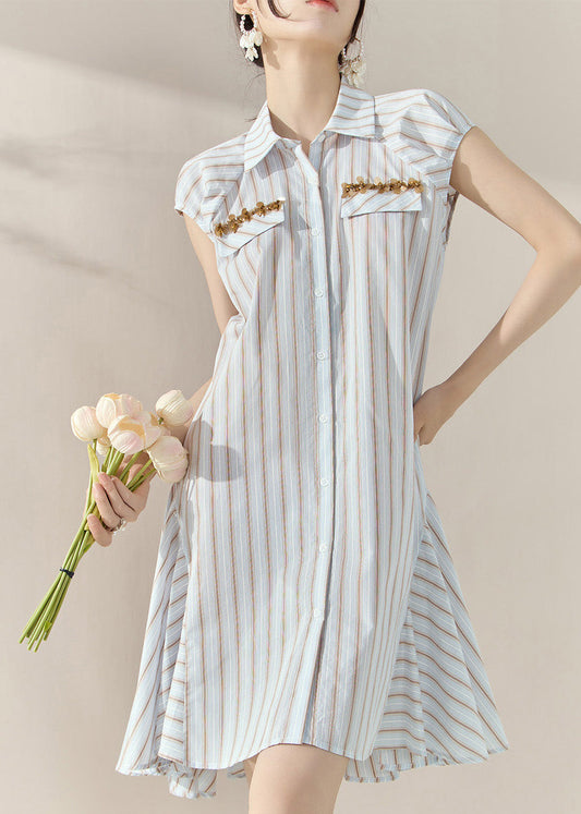 Striped Peter Pan Collar Button Holiday Mid Dress Short Sleeve