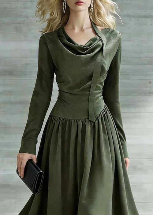 New Green Bow Wrinkled Cotton Long Dresses Spring