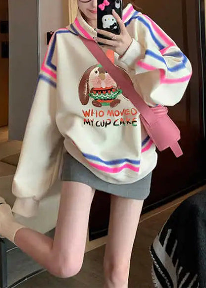 Style Apricot Hooded Cartoon Print Cotton Pullover Spring