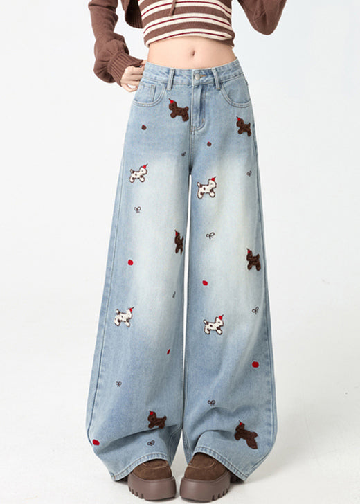 Light Blue Little Dogs Embroidered High Waist Warm Fleece Jeans Spring