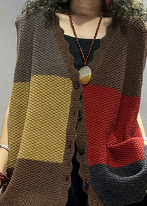 Colorblock Loose V Neck Button Fall Blouse Tops Sleeveless Knit Vest