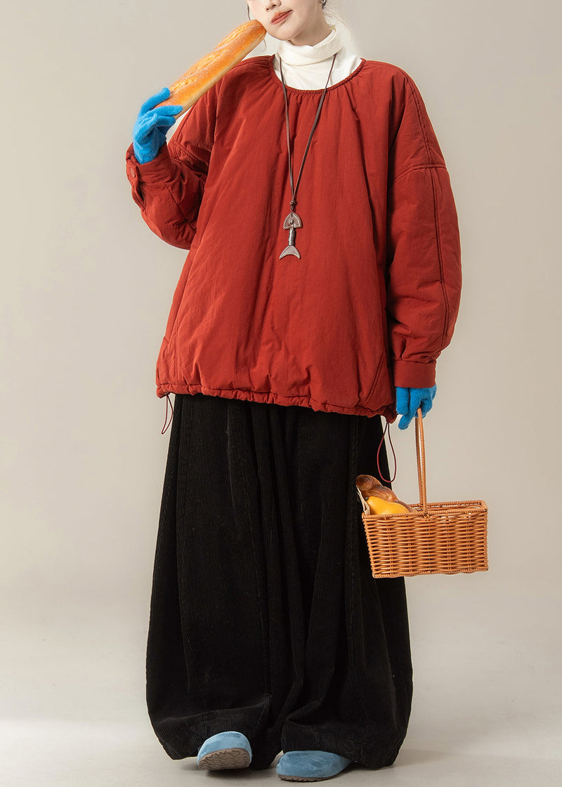 Simple Red O Neck Fine Cotton Filled Top and Pants Two Piece Set Winter